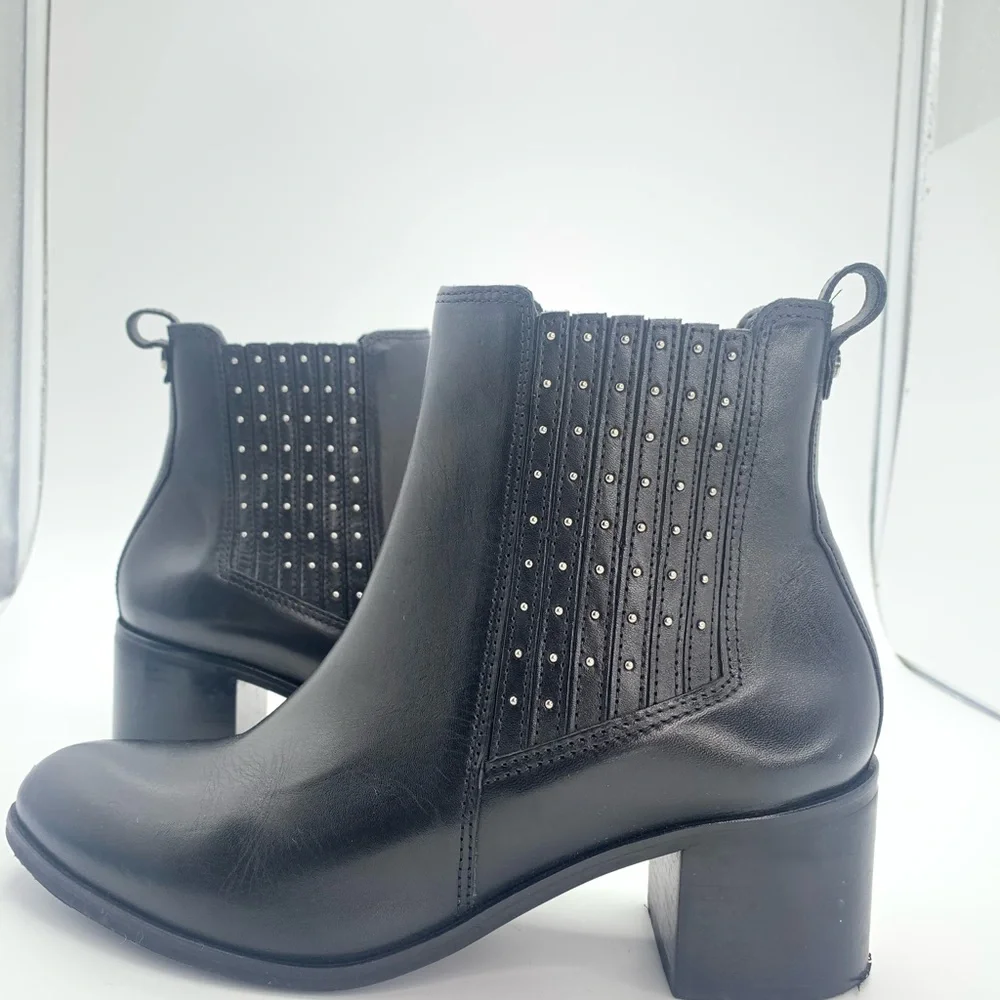 Dune Elegant Black‎ Leather Ankle Boots with Stud Accents Block Heel size 40 UK